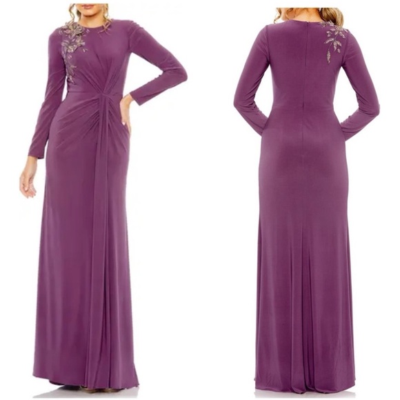 MAC DUGGAL Heather Purple Jersey High Neck Long Sleeve Embellished Gown -Reemoly